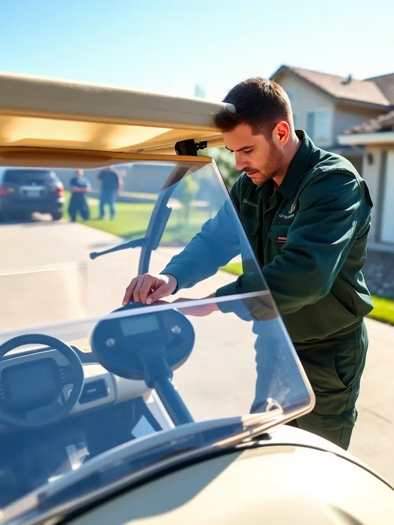 A friendly technician working on a golf cart in a residential driveway in The Villages, Florida, under a sunny sky, emphasizing convenience.