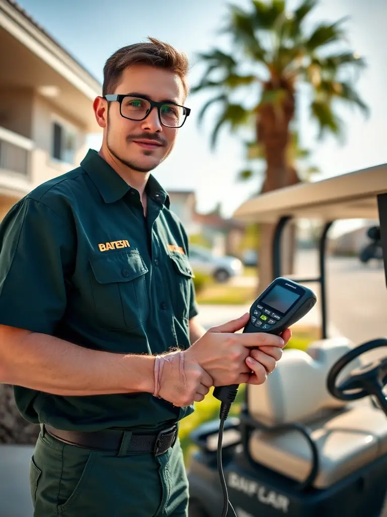 A technician diagnosing a golf cart issue using diagnostic tools on-site in The Villages, Florida, showcasing expertise.