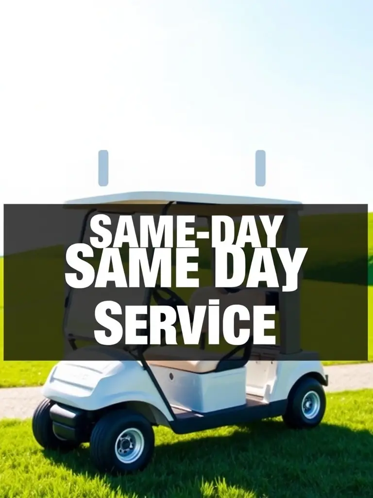 A calendar icon with the words 'Same-Day Service' overlaid on an image of a golf cart in The Villages, Florida, emphasizing availability.