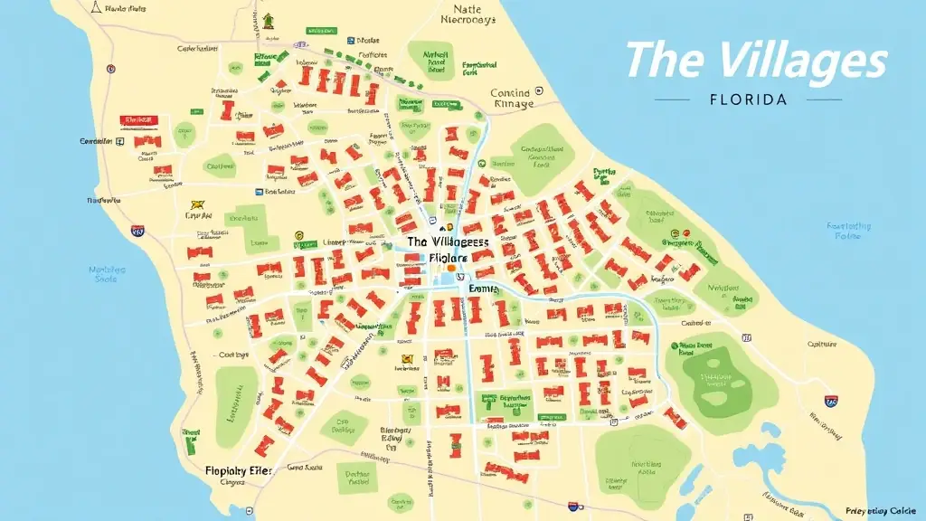 A detailed map of The Villages, Florida, highlighting key landmarks and residential areas.