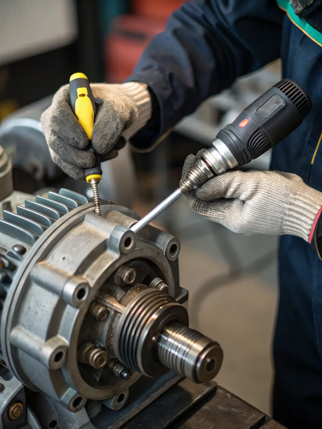 A close-up shot of a technician's hands expertly working on the electrical system of a golf cart, highlighting precision and skill.