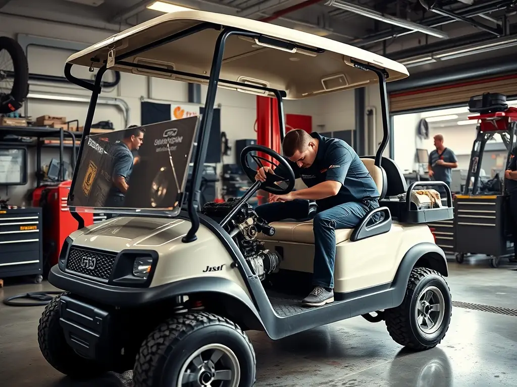 A technician inspecting the tires and suspension of a golf cart, checking for wear and tear and proper alignment. The background shows a typical street in The Villages, FL.