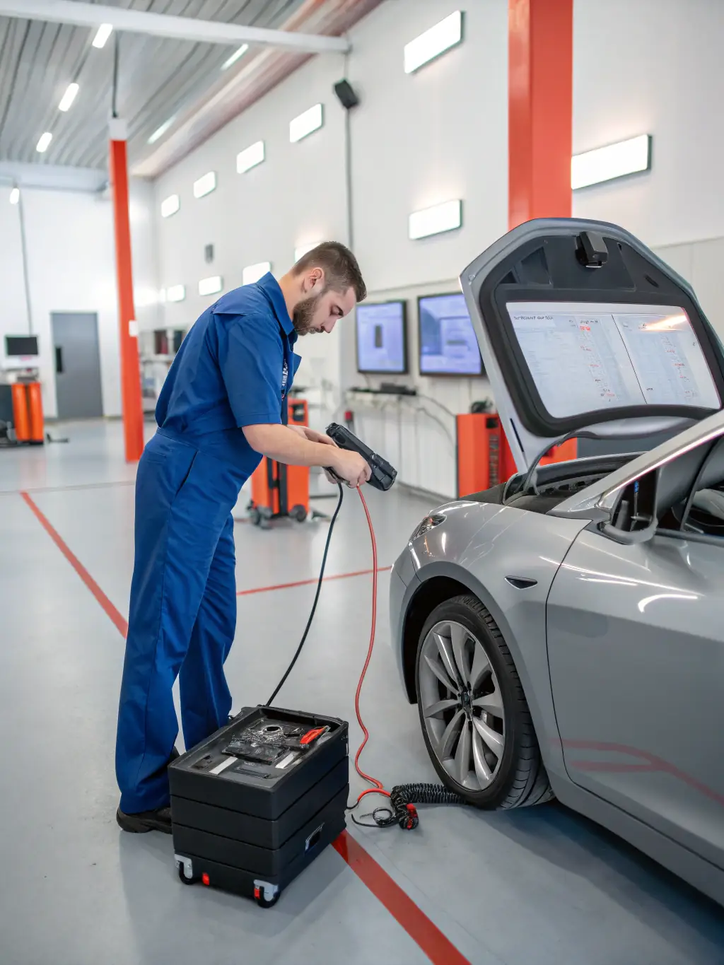 A technician using diagnostic tools to troubleshoot a golf cart issue, highlighting the use of advanced technology for accurate repairs.