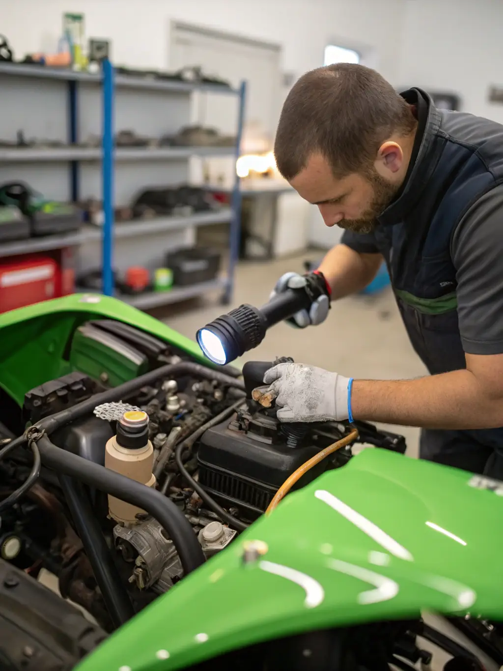 A detailed view of a technician inspecting the engine of a golf cart, showcasing the thoroughness of the maintenance service.