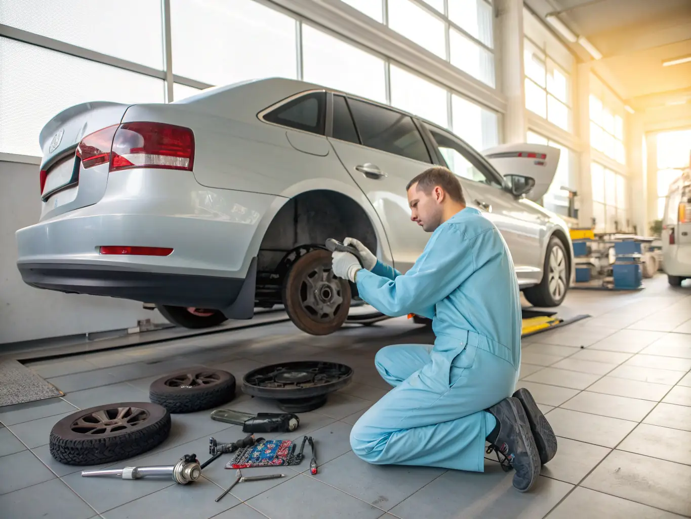 A technician replacing worn-out brake pads on a golf cart. The focus is on the brake assembly and the new brake pads being installed.