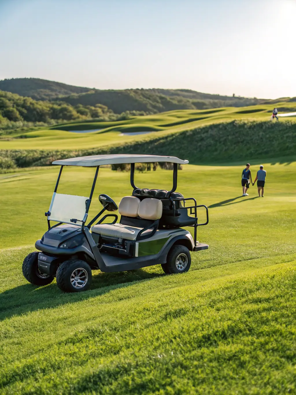 A golf cart being quickly repaired and ready to go, with a happy customer in the background in The Villages, Florida, highlighting speed.