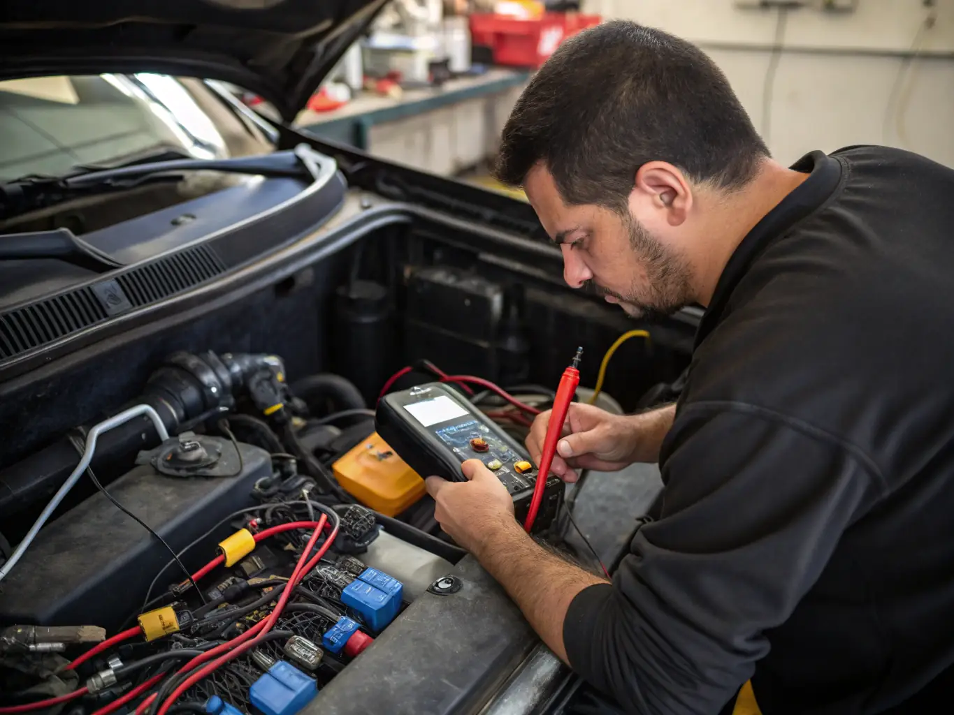 A close-up shot of a technician diagnosing an electrical issue on a golf cart, using a multimeter and other diagnostic tools. The setting is a residential driveway in The Villages, FL.